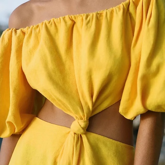 Farm Rio Yellow Midi Knot Dress Puff Sleeve Cutout Linen Blend M NWT - Picture 2 of 6